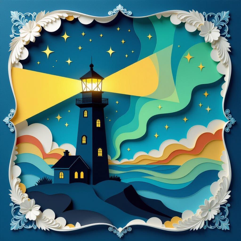Paper Art Lighthouse with Flowery Frame and Northern Lights