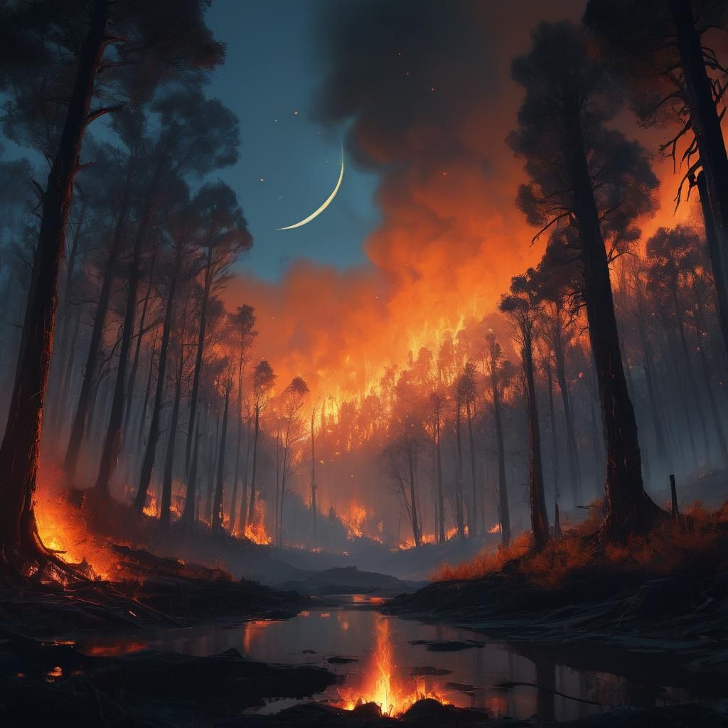 Wildfire Engulfs Mystical Forest Under Black Moon