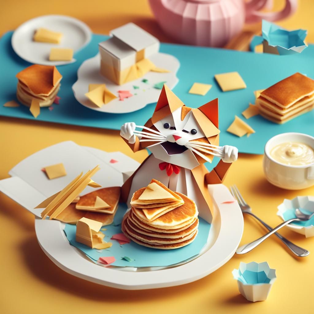 Cat Eats Pancakes in Origami Papercraft Style