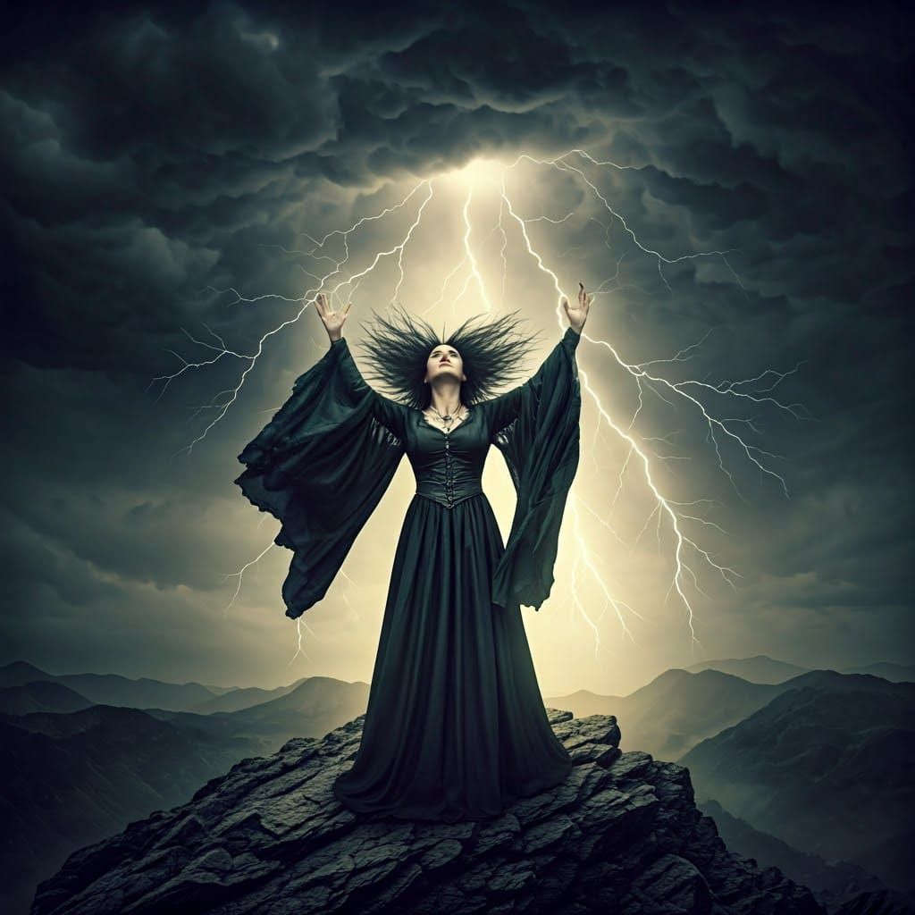 Witch Summons Storm on Mountaintop in Cinematic Style