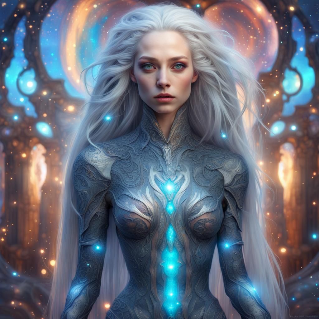 Beautiful Alien Woman with Silver Hair and Stars