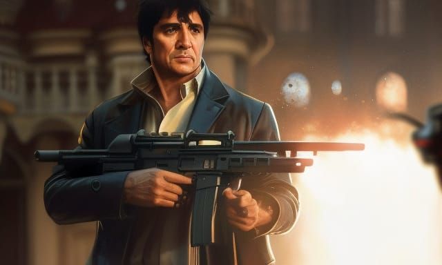 Hyperrealistic Portrait: Man with Rifle in Mansion