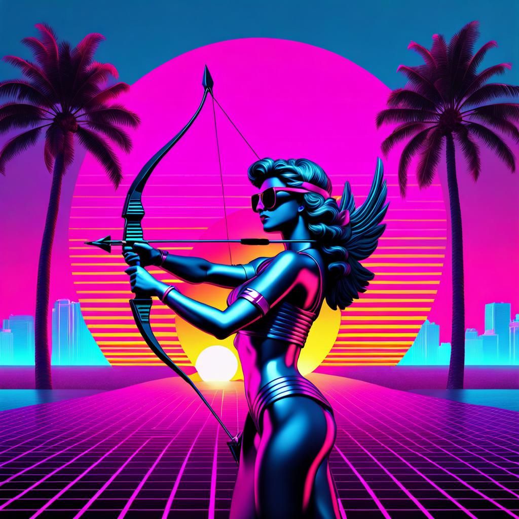 Retro Cupid in Vaporwave Miami Scene