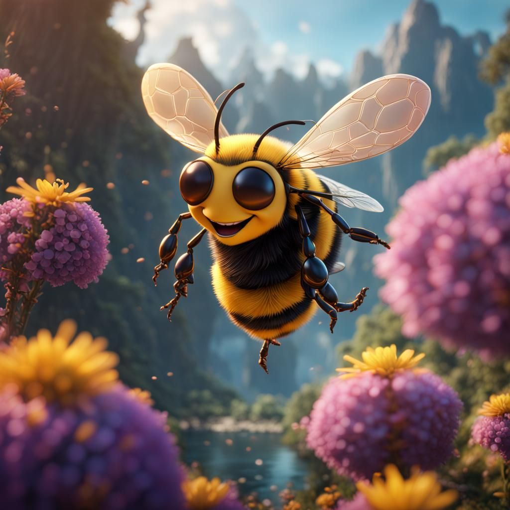 Happy Bee Flying Among Akelei Flowers