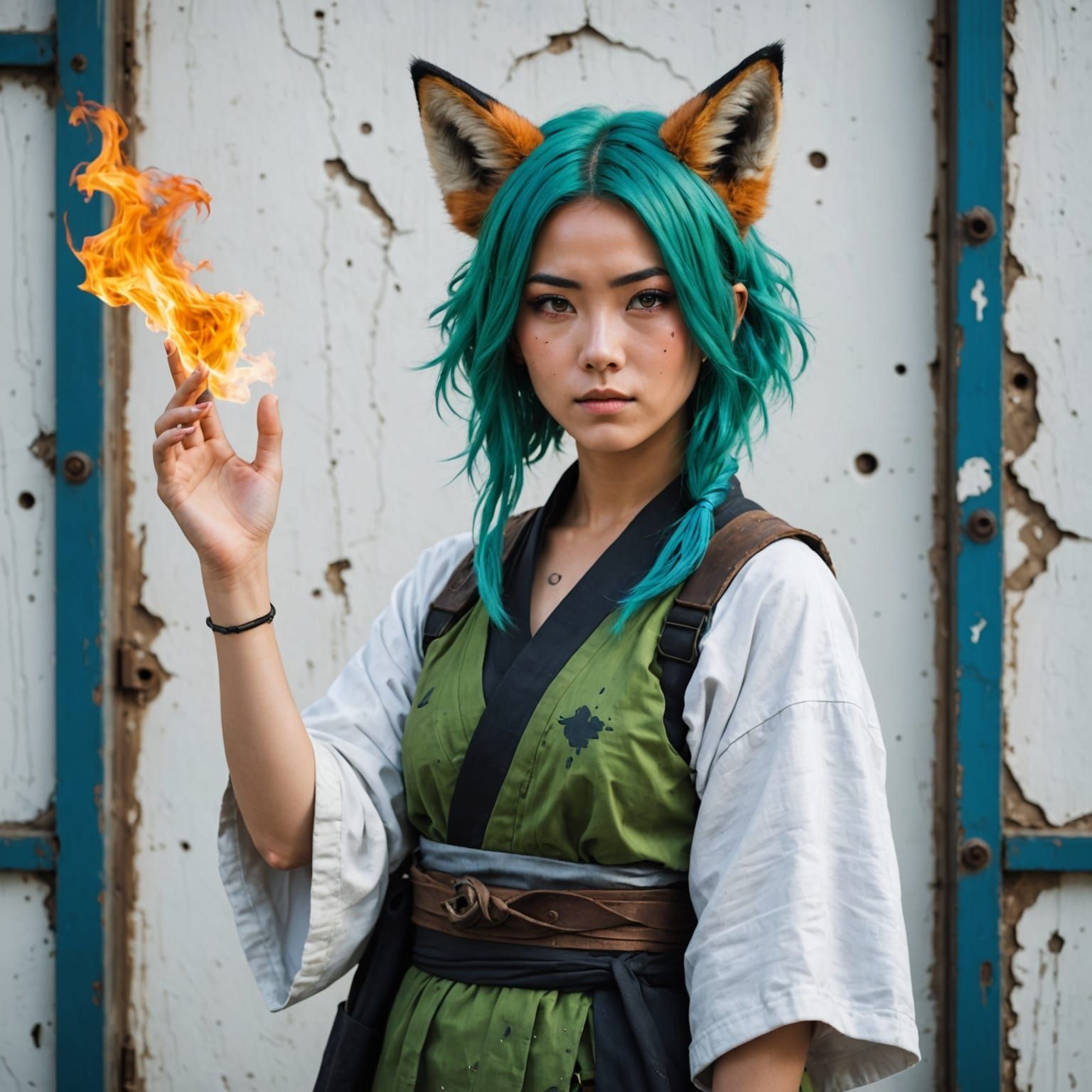 This image shows a confident young woman with bright green hair and fox ears in a post-apocalyptic meets traditional Jap...