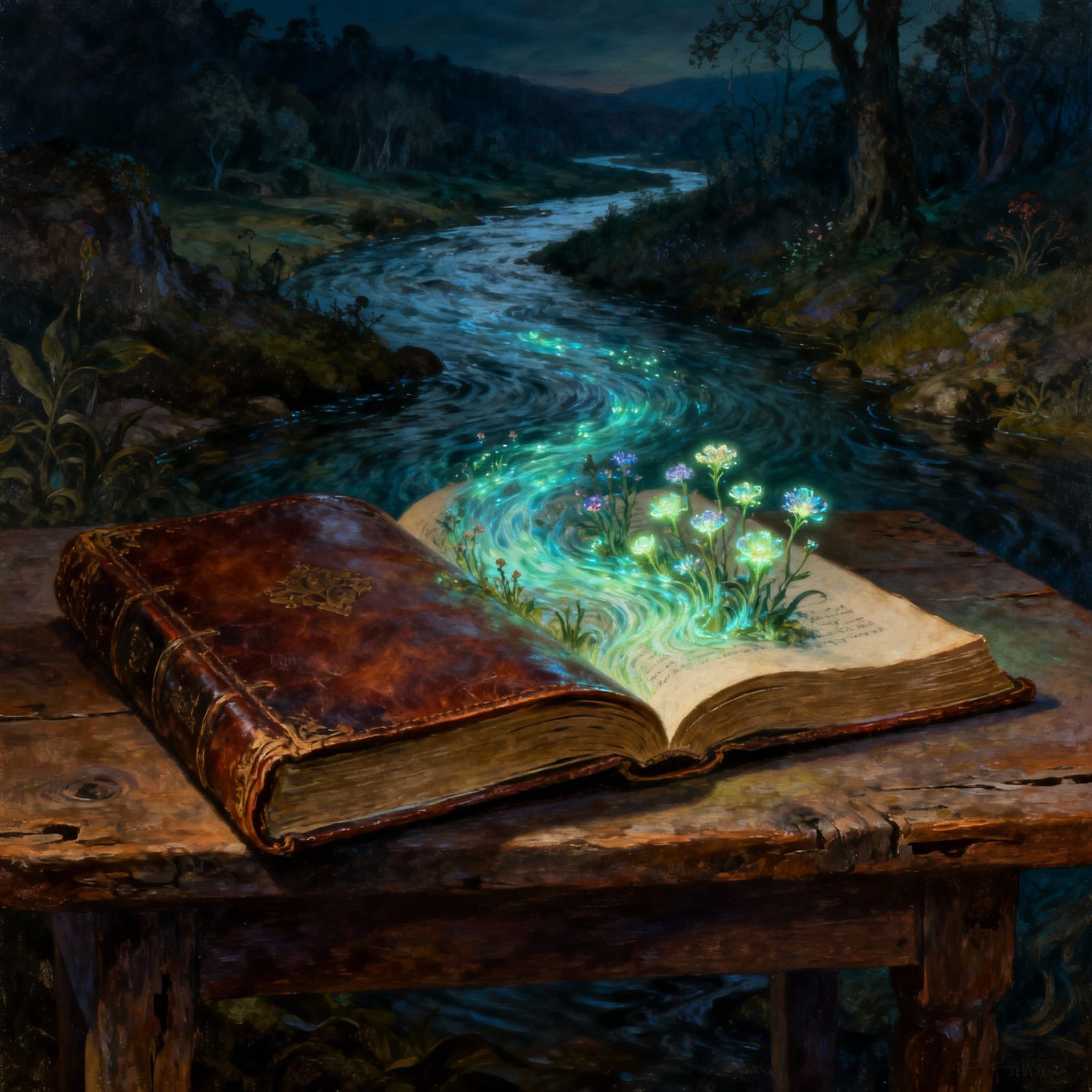 Surreal Oil Painting of a Book with a Mystical River