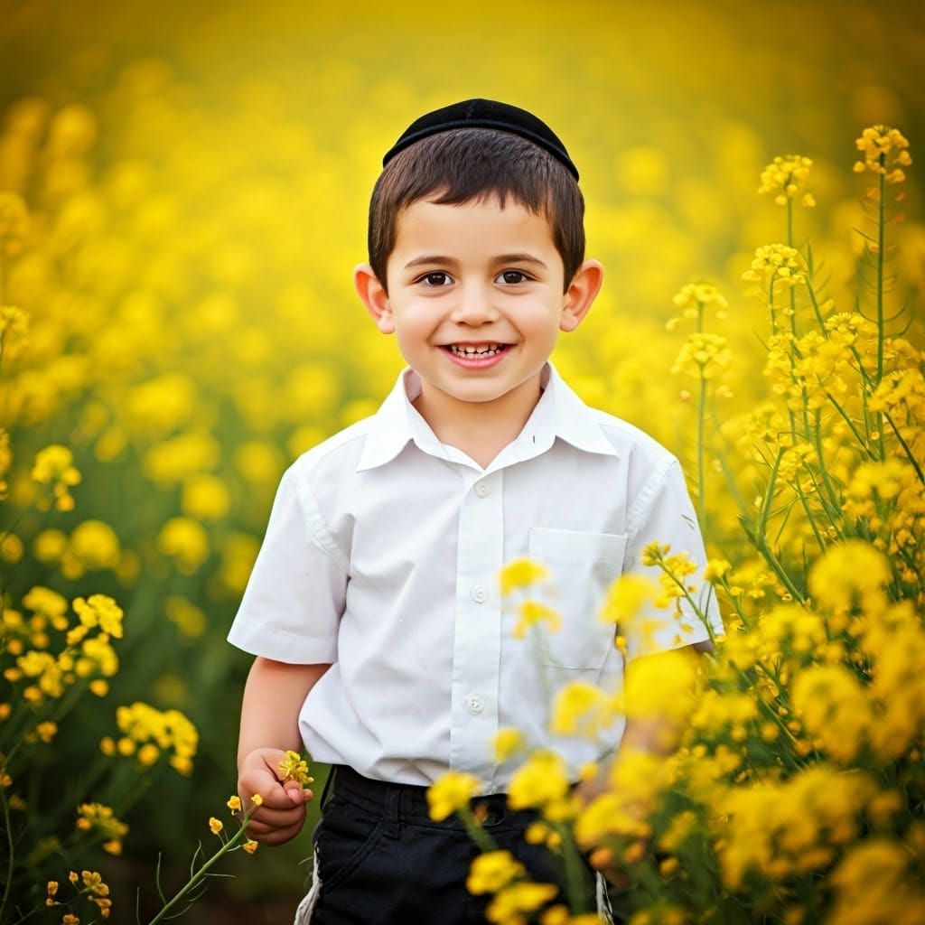 Haredi Boy Surrounded by Vibrant Yellow Flowers in a Serene ...