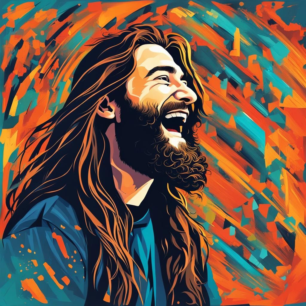 Laughing Young Man with Beard in Abstract Art