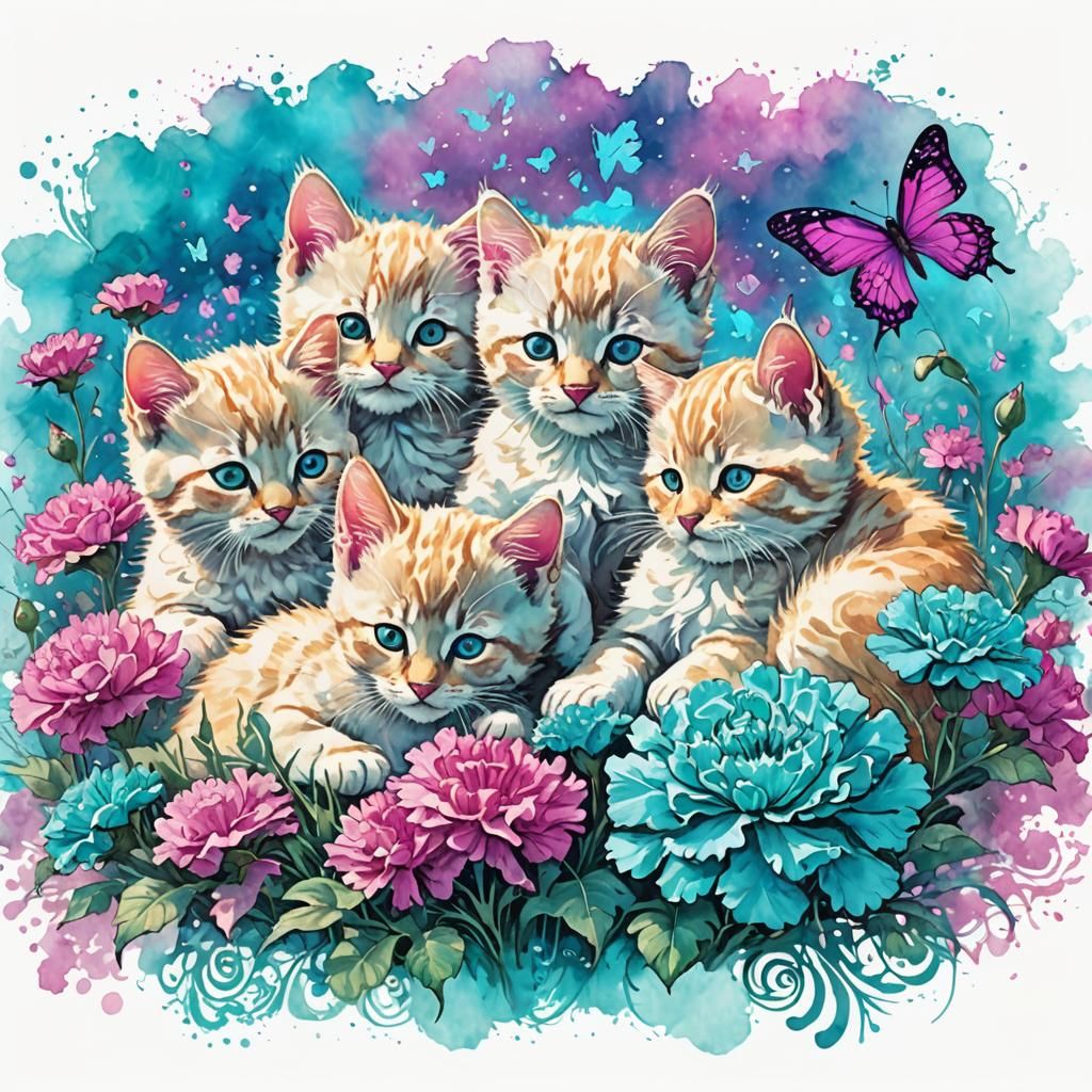 Watercolor Pawprint with Kittens and Floral Accents