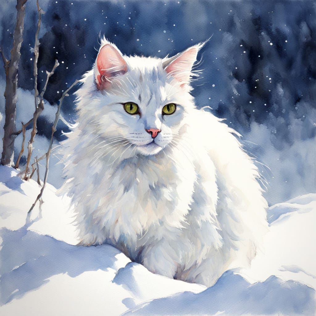White Cat in Snow, Watercolor Painting