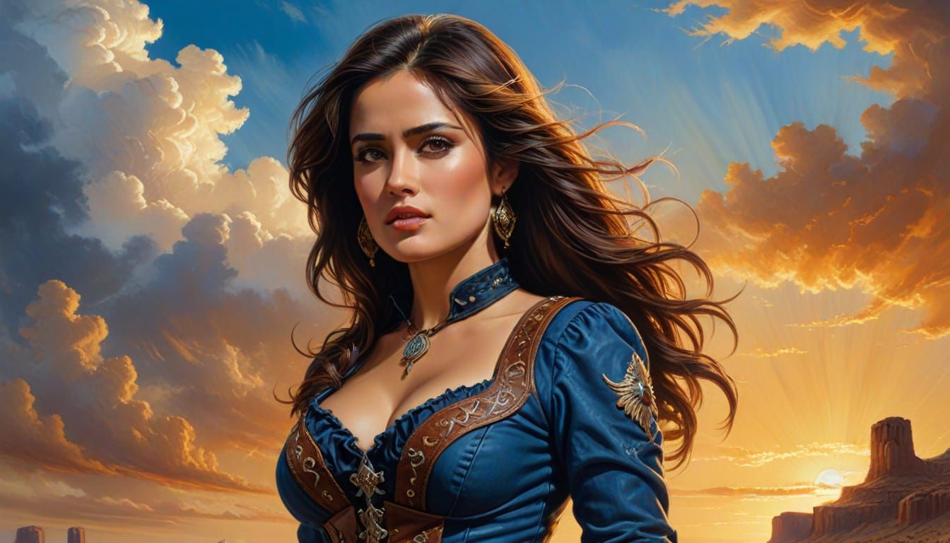 Salma Hayek as Gunfighter: Hyper-Realistic Oil Painting