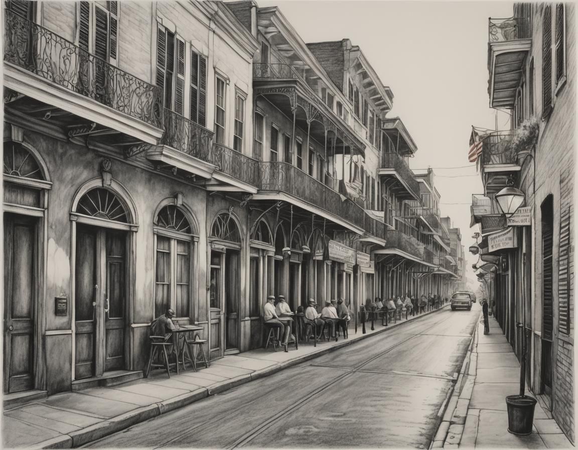 Detailed Pencil Sketch of New Orleans' Bourbon Street