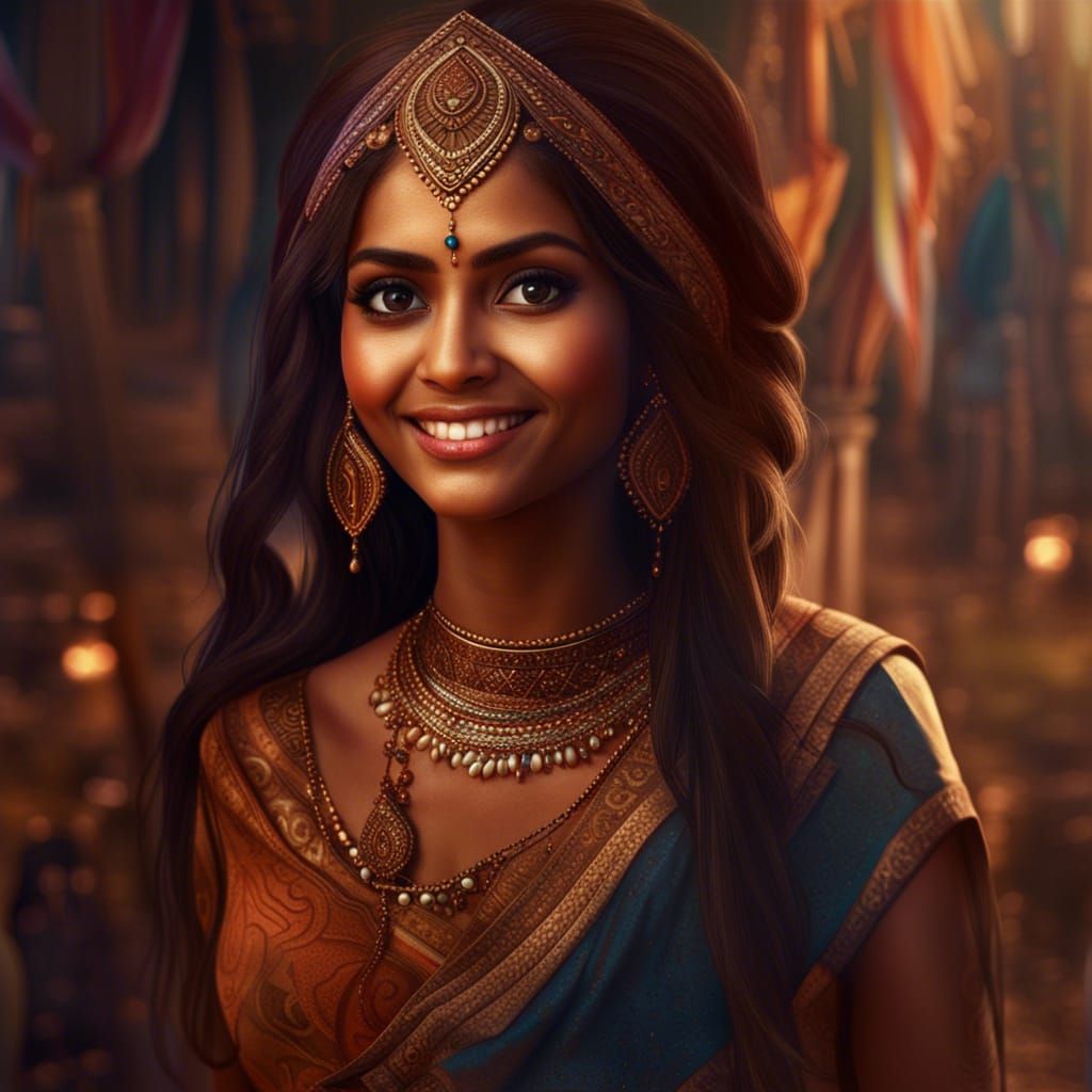 Beautiful Indian Woman with Bindi in Detailed Matte Painting