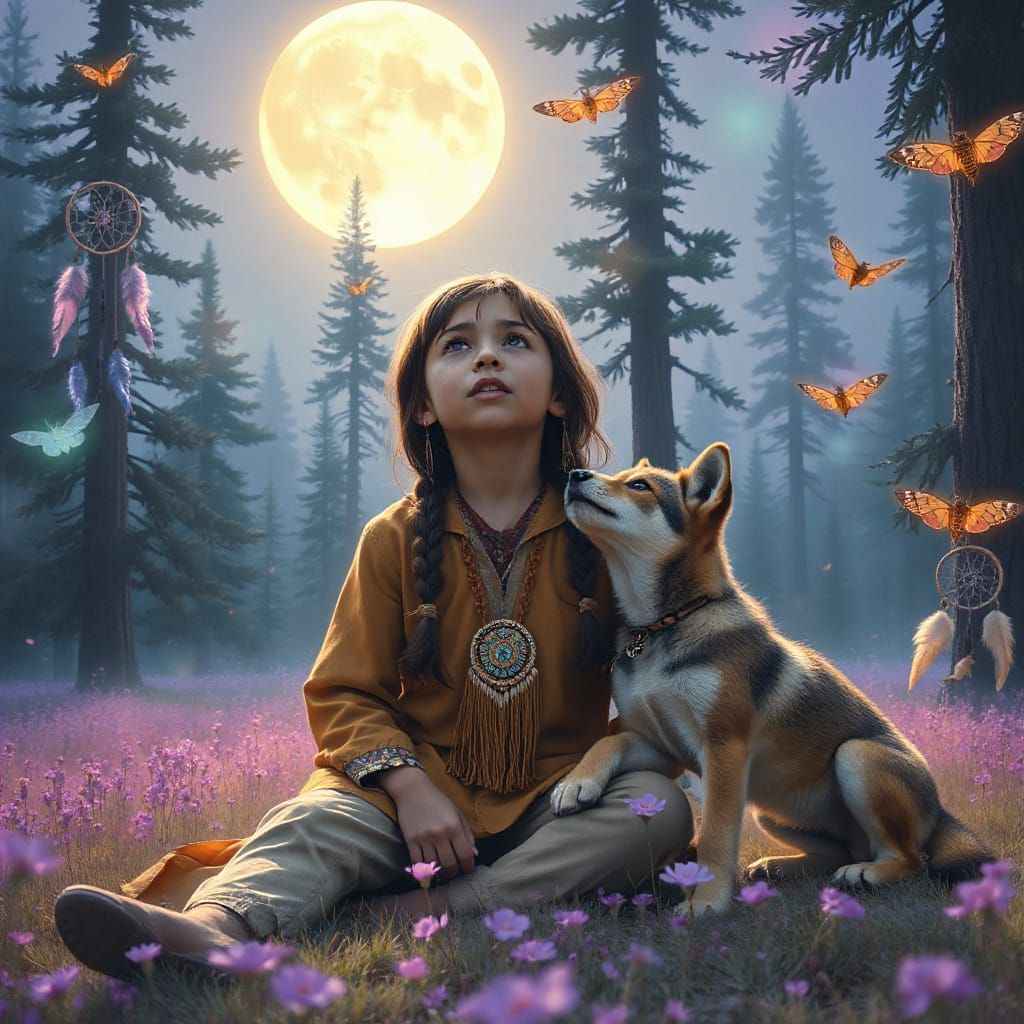 Native American Boy and Wolf Pup Howling at Moon