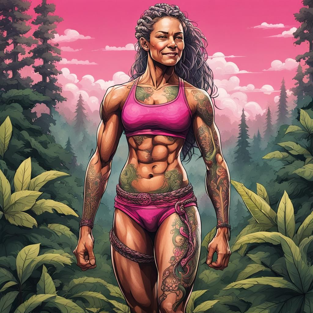 Mystical Ultra-Muscular Woman in Forest
