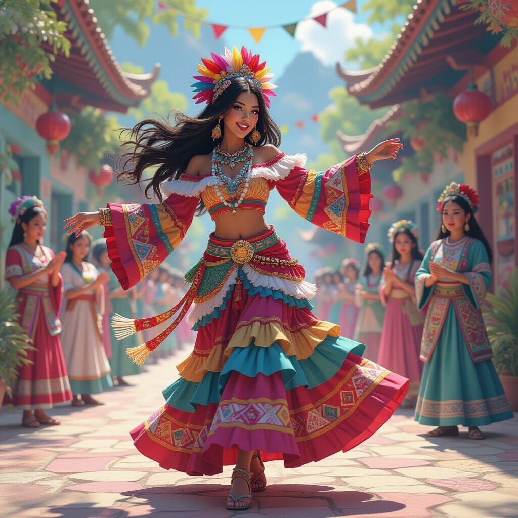 Vibrant Aztec Dancer in Candyland Dreamscape