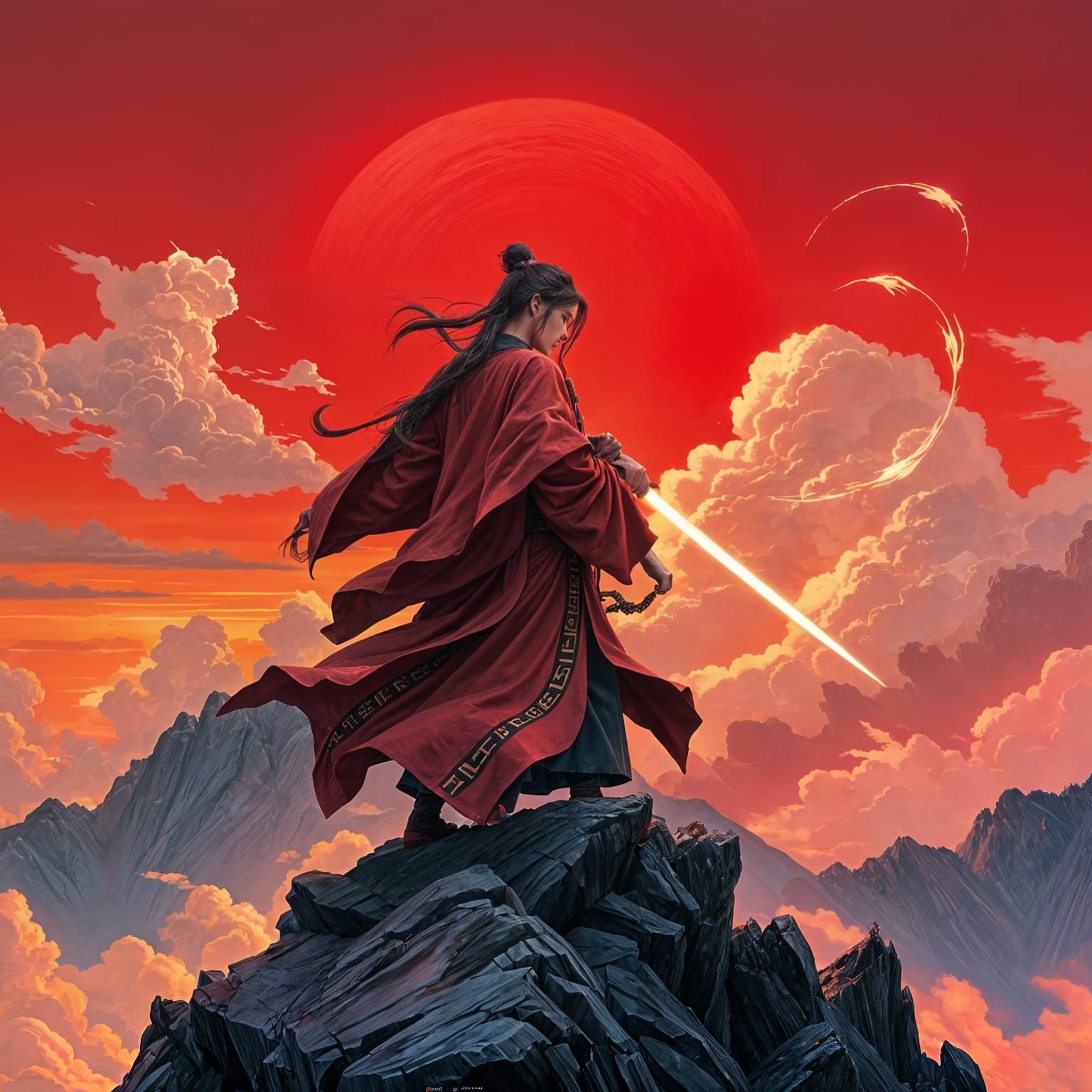 A lone Wuxia Cultivator stands defiant against a crimson sun...