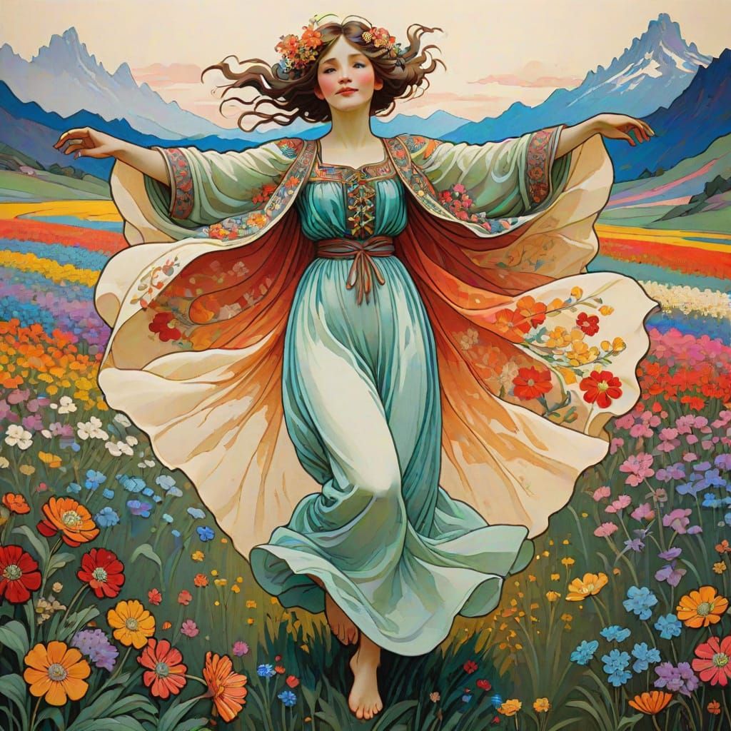 Joyous Dancer in Flower Field, Art Nouveau Style