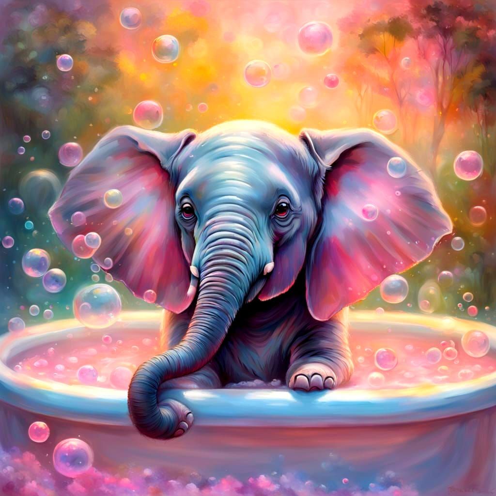 Baby Elephant's Bubble Bath: Ethereal Fantasy Scene