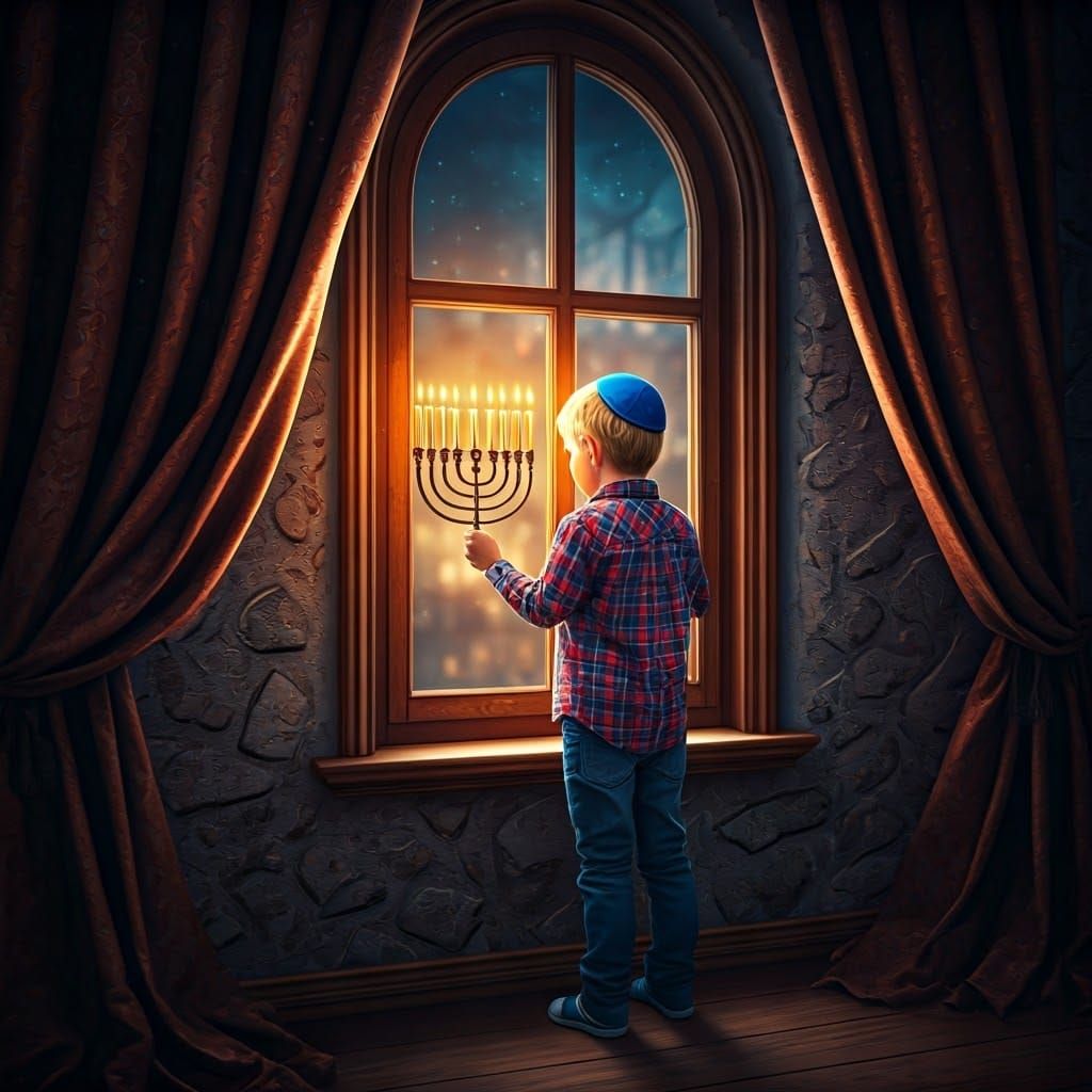 Young Boy Lights Hanukkah Candles in Whimsical Fantasy Scene
