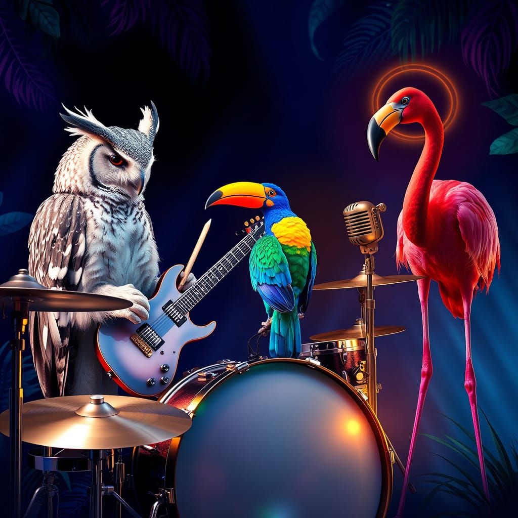 Owl Enchants Jungle Jam Session in Dreamlike Atmosphere