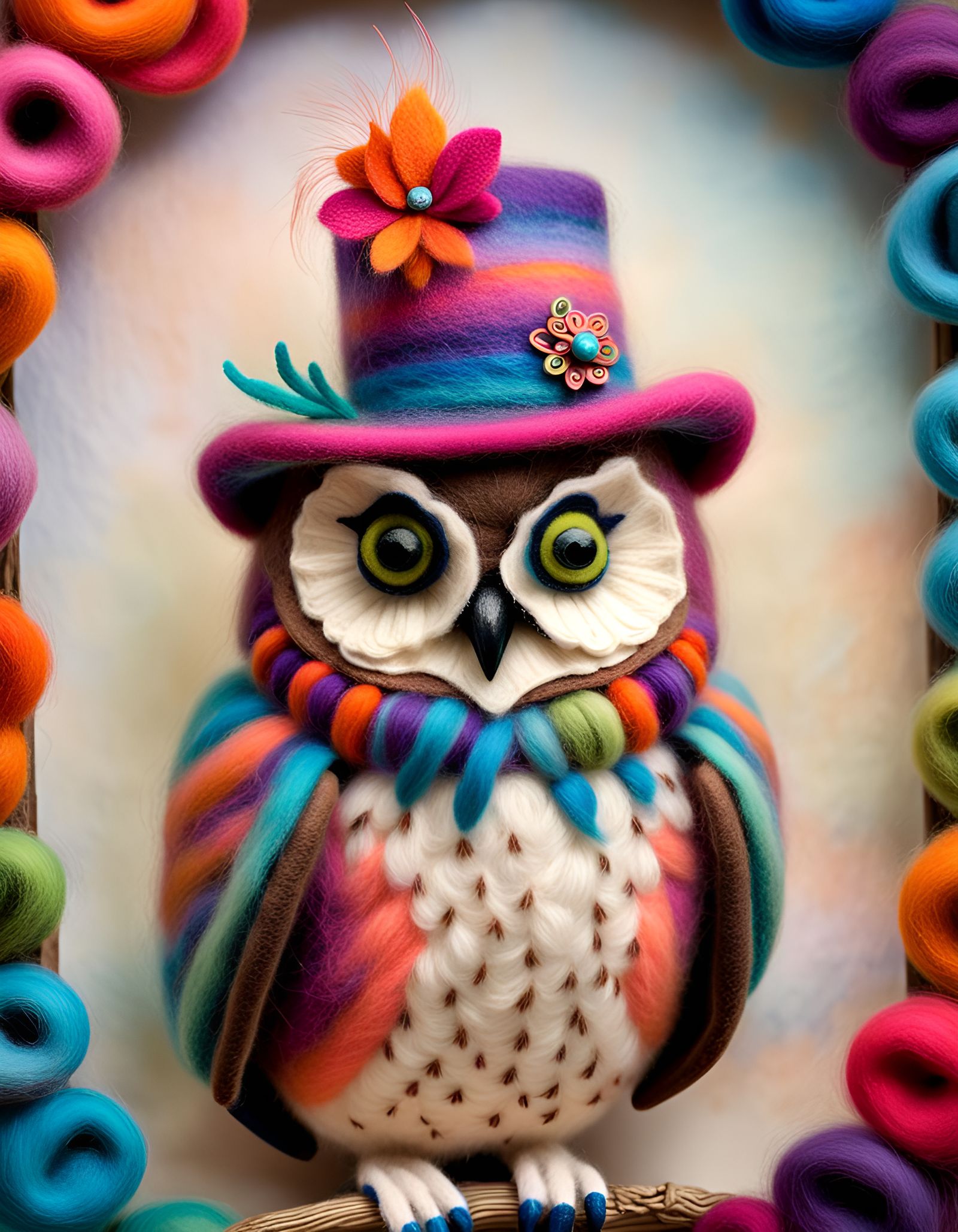 Felted Owl Portrait with Fancy Hat