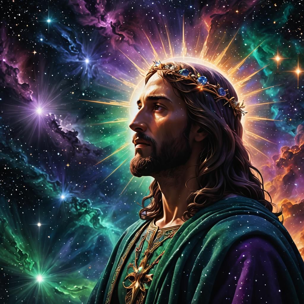 Ethereal Christ Profile in Cosmic Tapestry