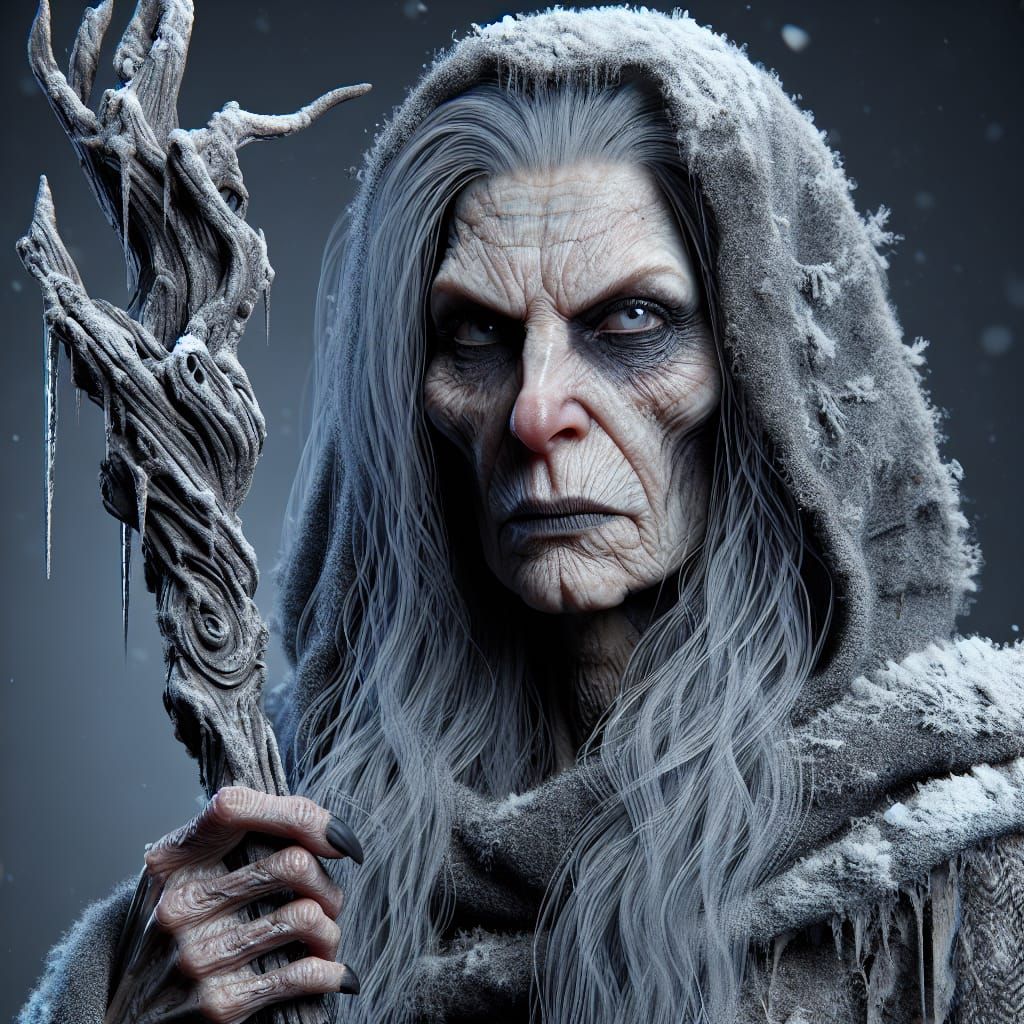Intimidating Winter Hag with Gnarled Staff in 8k