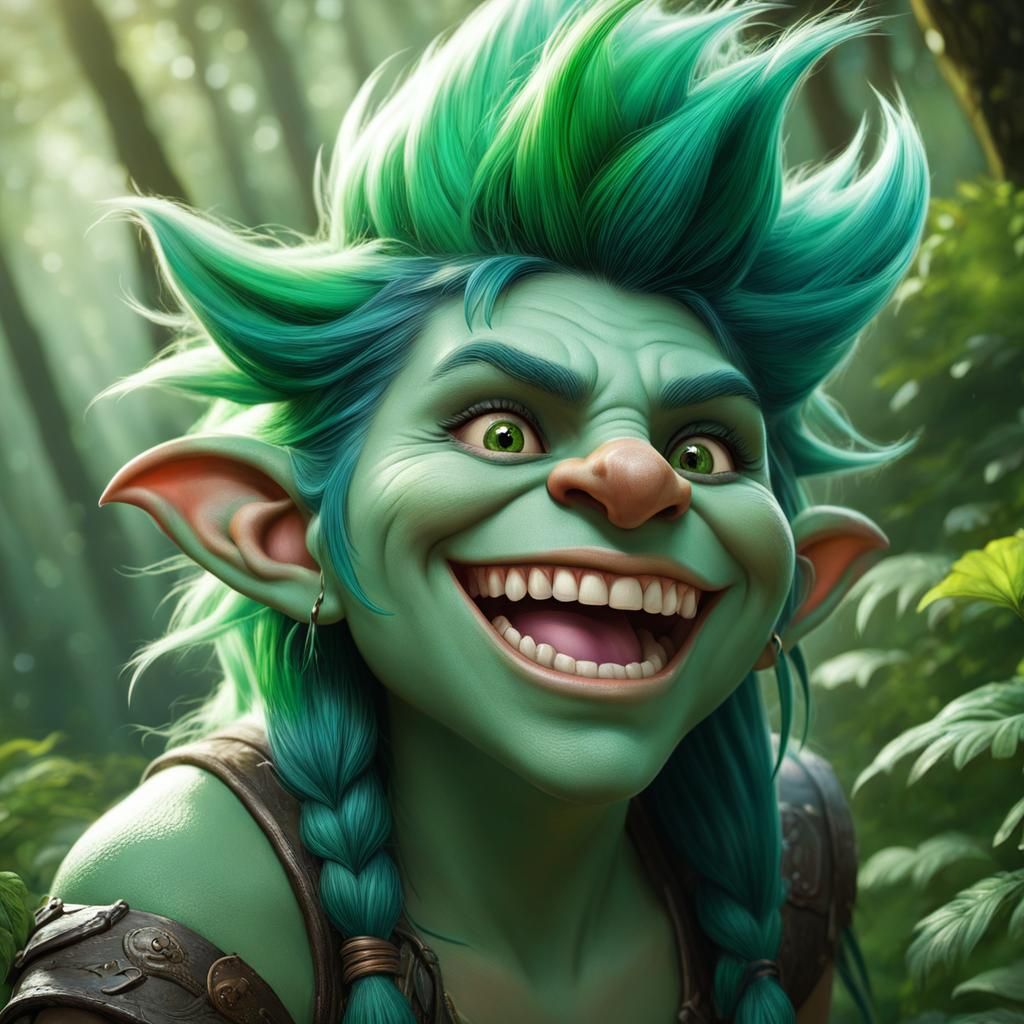 Happy Green-Haired Troll Portrait in Hyperrealism