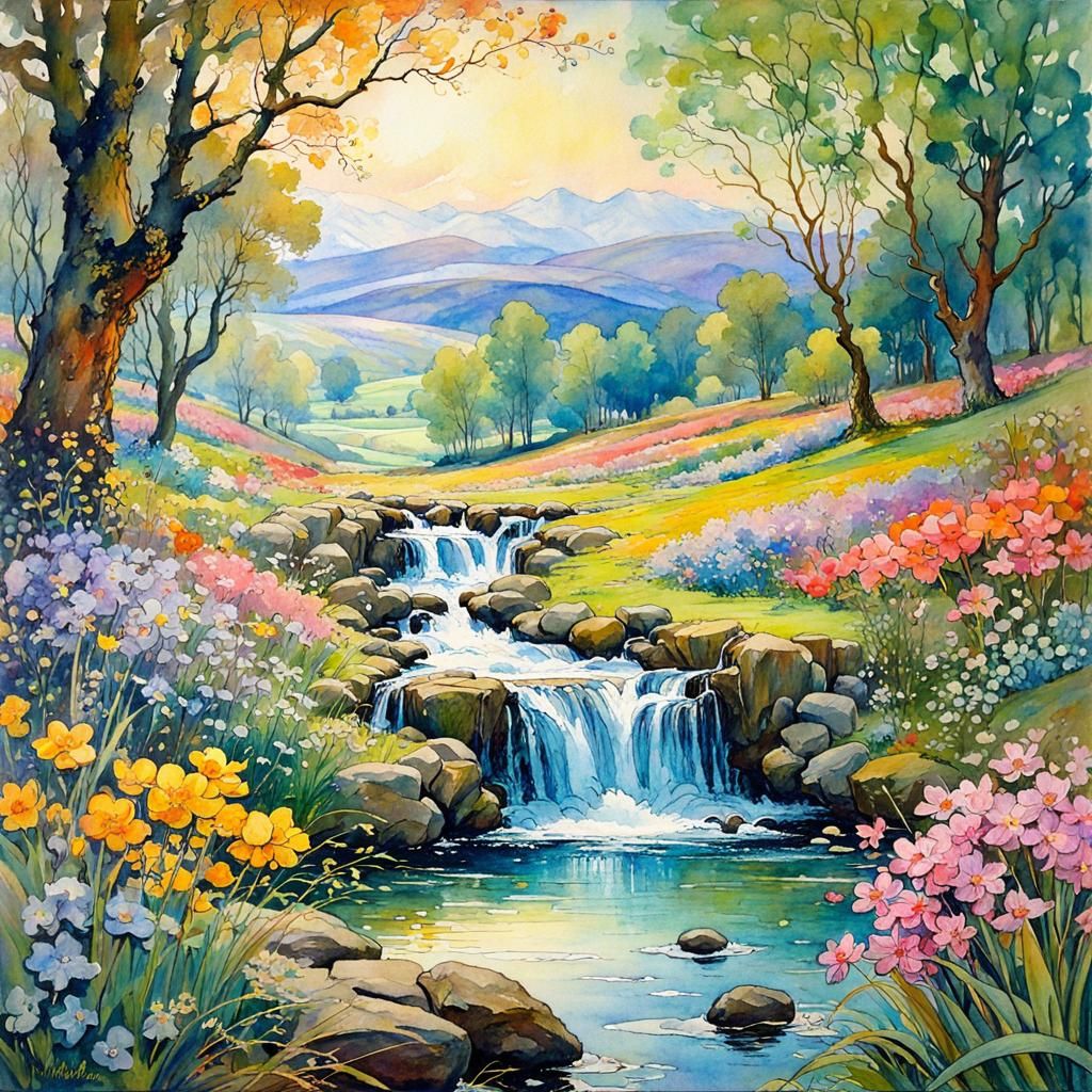 Spring Landscape Watercolour in Art Nouveau Style