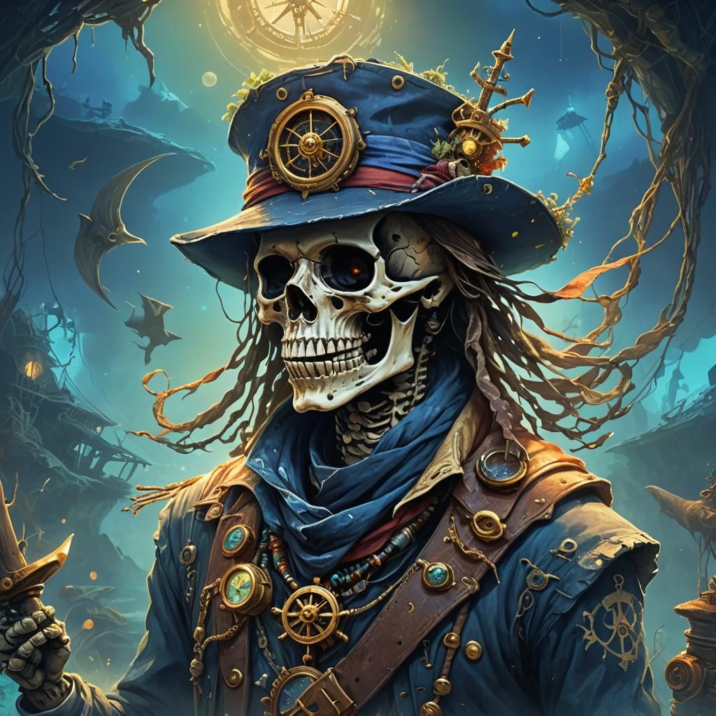 Skeleton Sailor in Bioluminescent Aquatic Fantasy Art