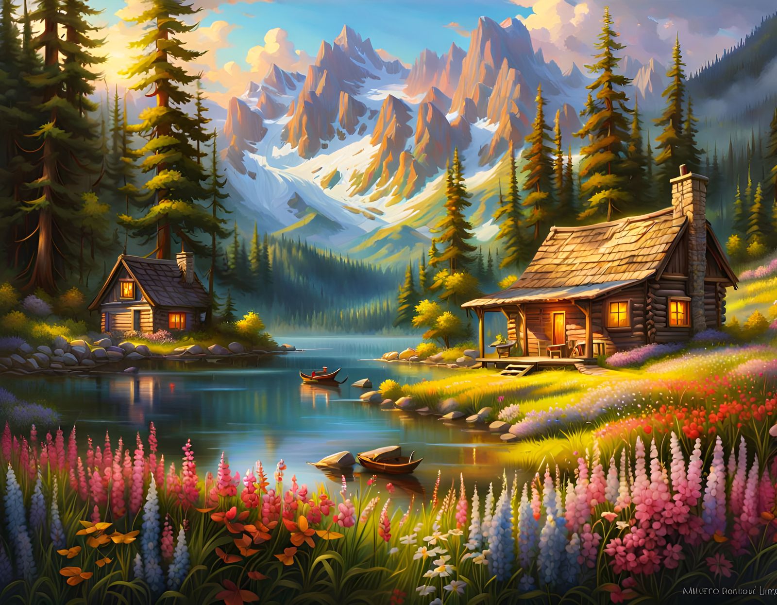 Cabin on Lake with Flower Meadow in Morning Light