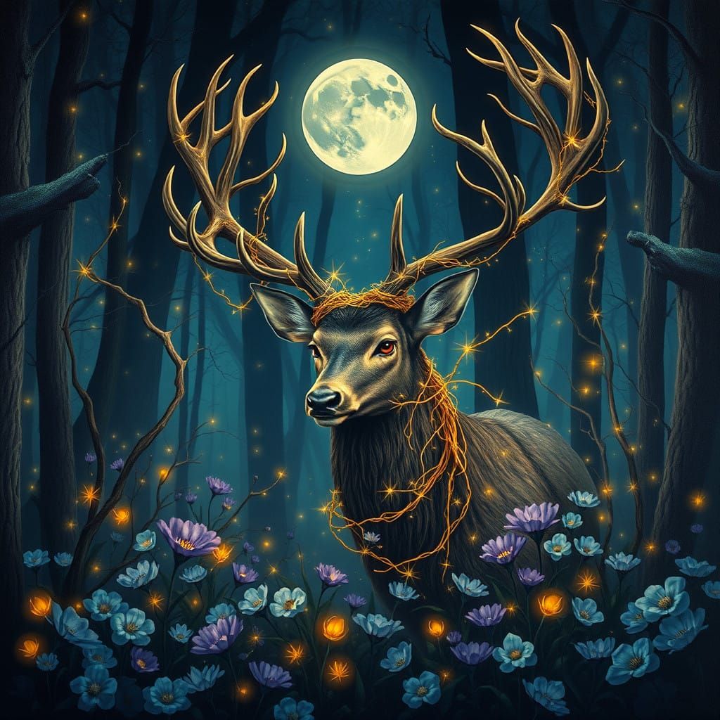 Ethereal Stag in Dreamlike Forest with Golden Vines and Fire...