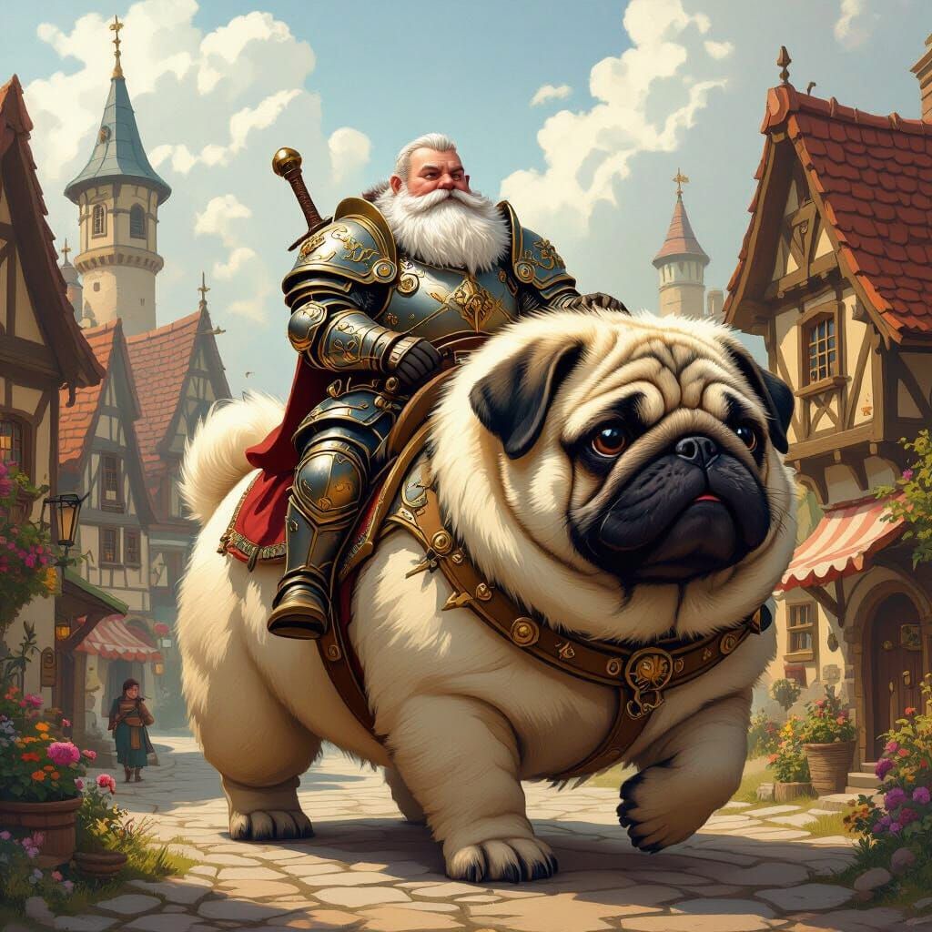 Dwarf Warrior on Giant Pug in Whimsical Village
