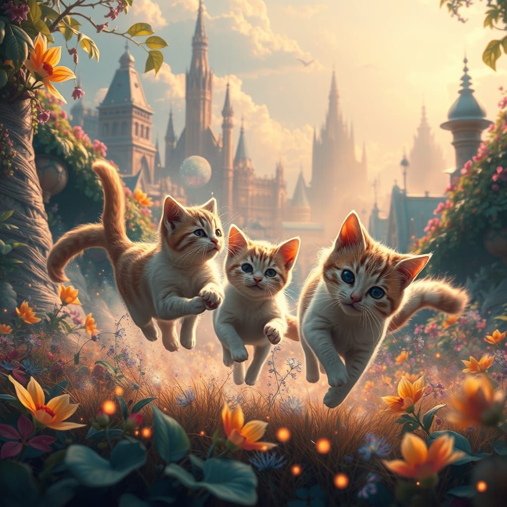 Whimsical Felines in Vibrant Dreamlike Realm
