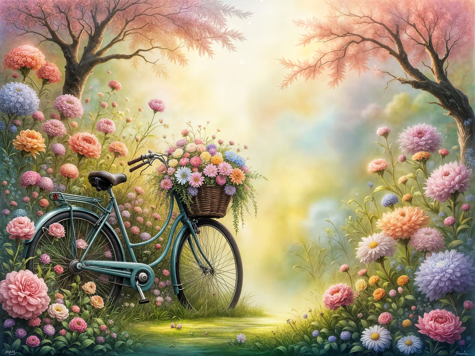 Pastel Garden Scene with Bicycle and Flowers