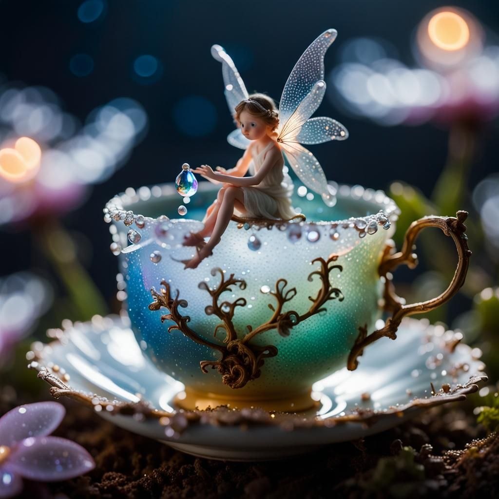 Fairy in Dewdrop Teacup with Bioluminescent Flowers