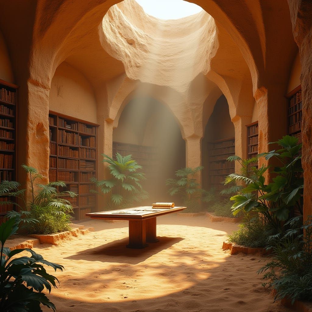 Mysterious Desert Library Illuminated by Warm Desert Sunligh...