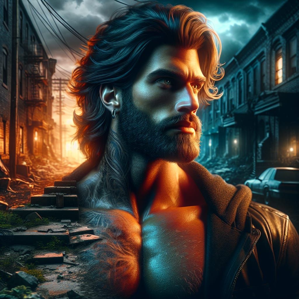 Rugged Man in Dark Suburb: 8K Concept Art