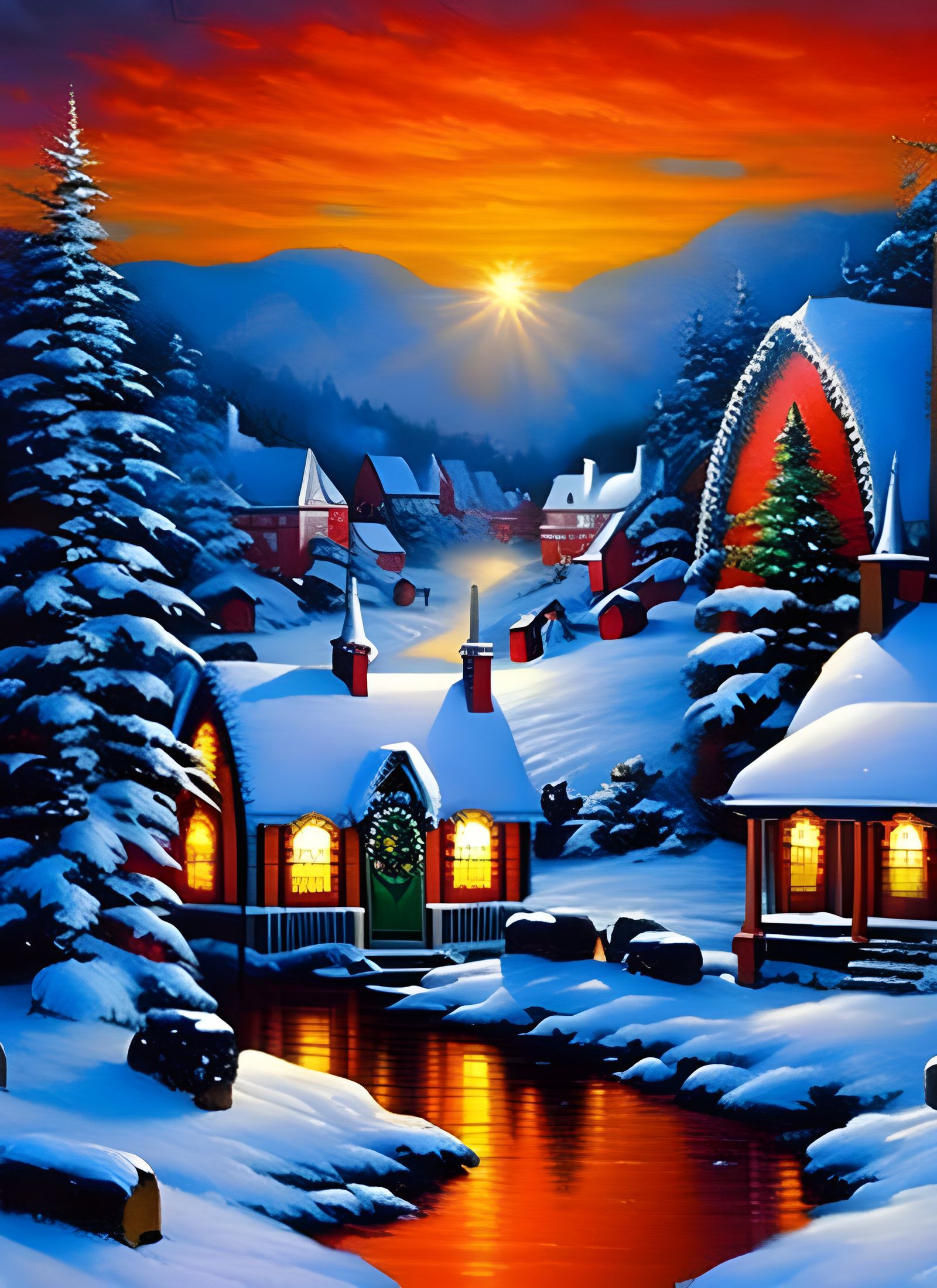 Christmas Village at Night: Oil Painting in Kinkade Style