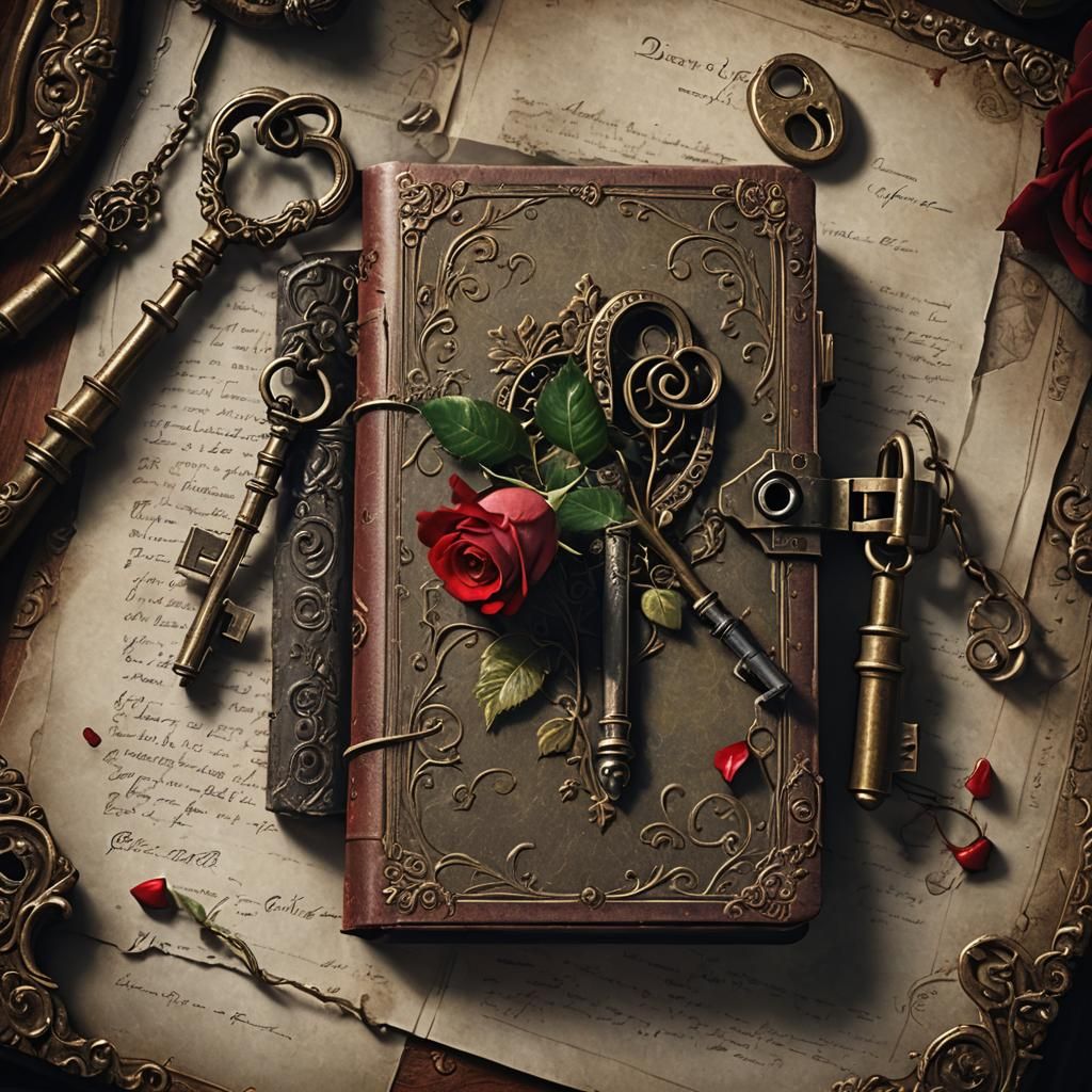 Dramatic Diary with Rose and Key Digital Painting