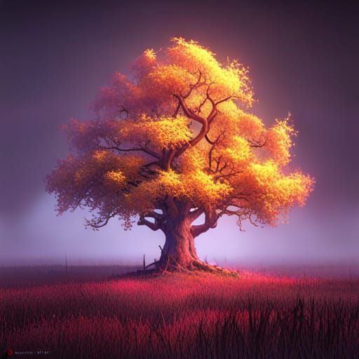 Golden Tree in Foggy Fantasy Landscape, Digital Art