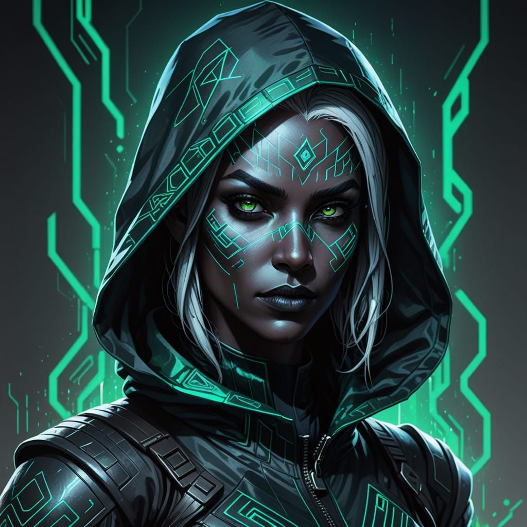 Cyberpunk Drow Portrait with Rhombic Patterns