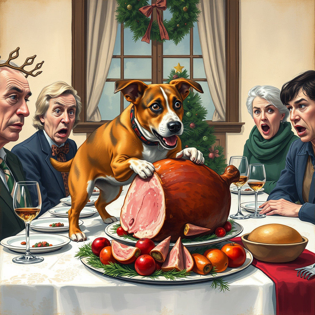 Canine Christmas Ham Heist in Vibrant Gouache