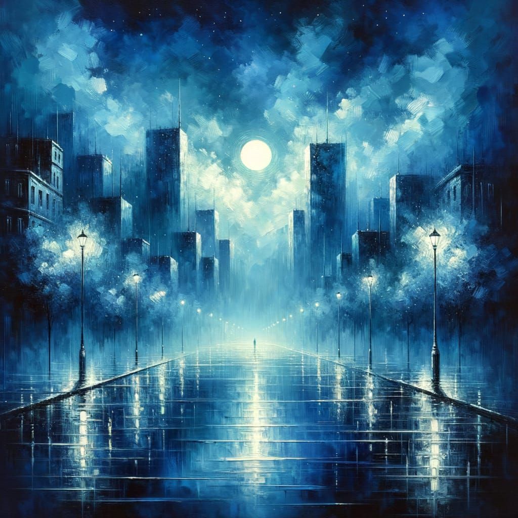 Ethereal Blue Cityscape Under Moonlit Skies