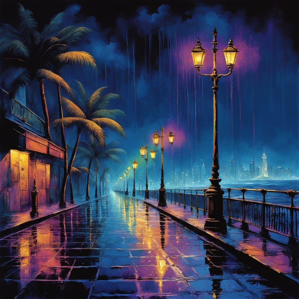Mysterious Seaside Boulevard at Night in Vibrant Hues