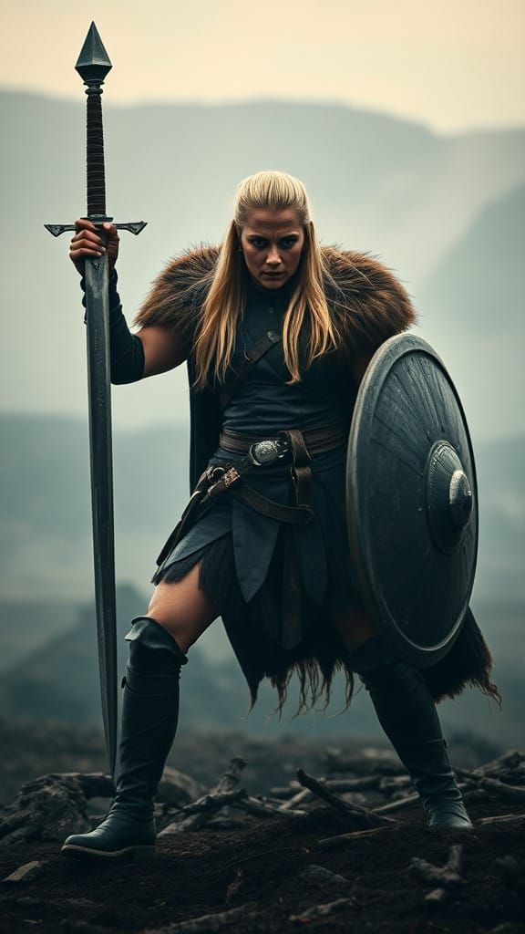 Strong Female Viking Warrior Stands Heroically in Valhalla