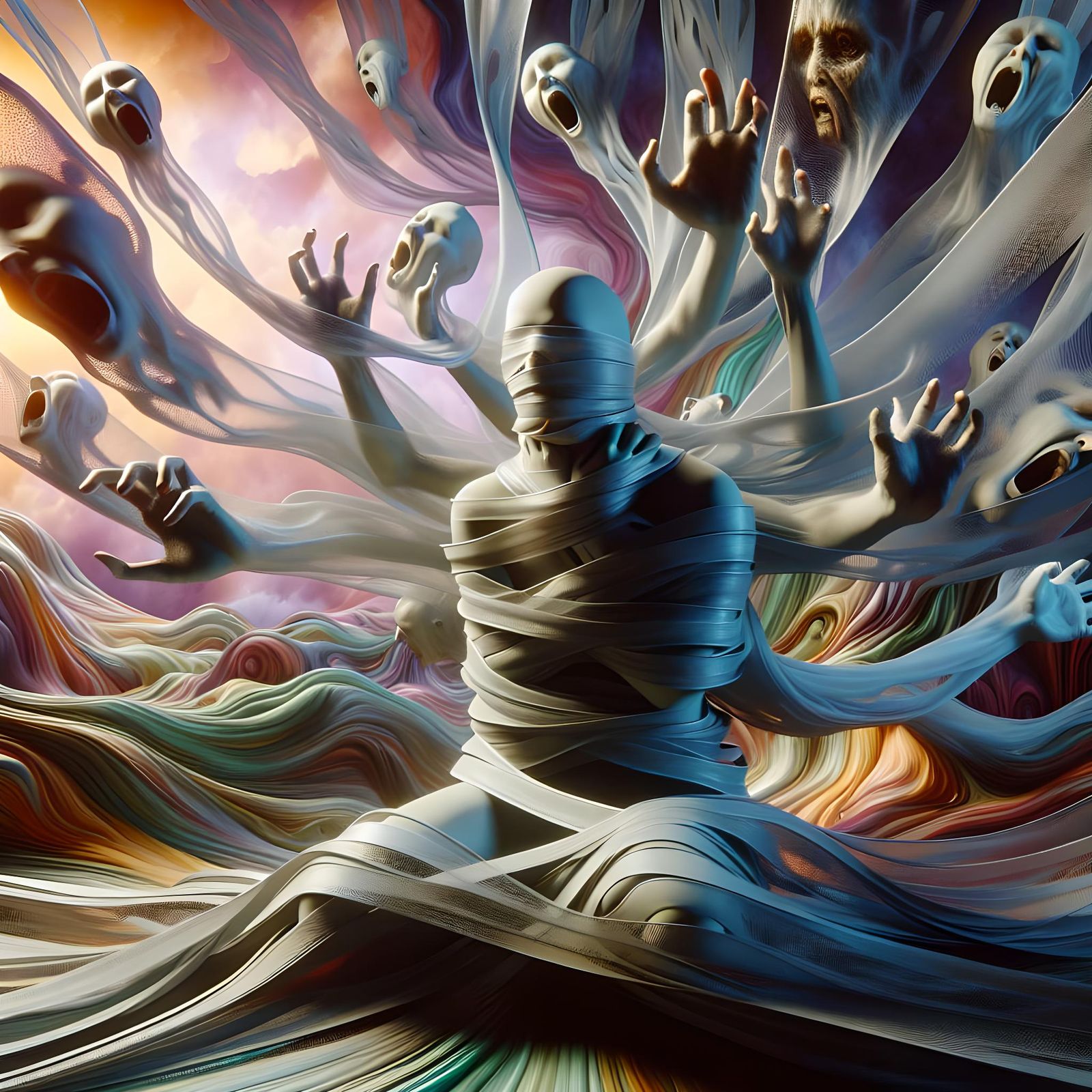 Surreal Figure Strangled by Voices in Abstract Landscape