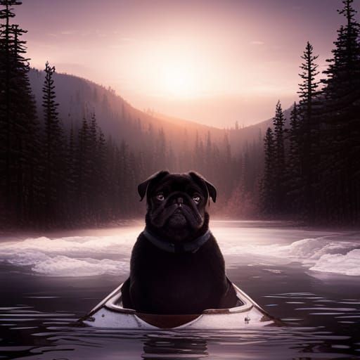 Black Pug on River Canoe: Digital Matte Painting