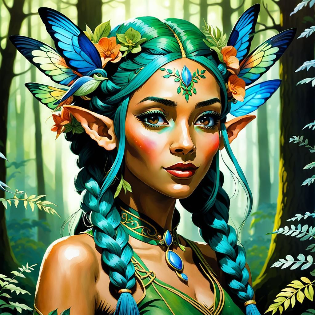 Forest Elf Portrait in Watercolor Style